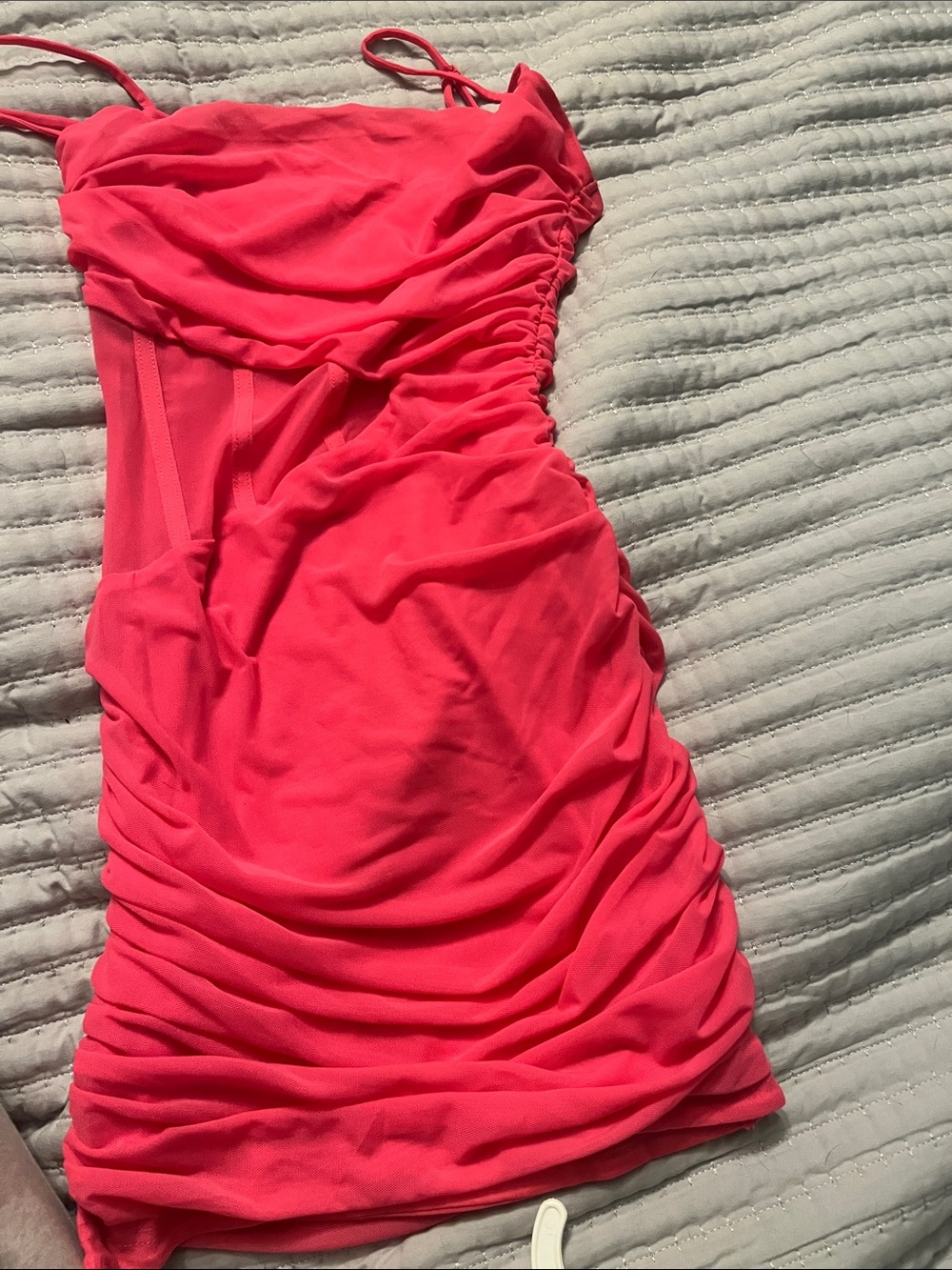 Ruched Spaghetti-Strap Mini Dress in Hot Pink